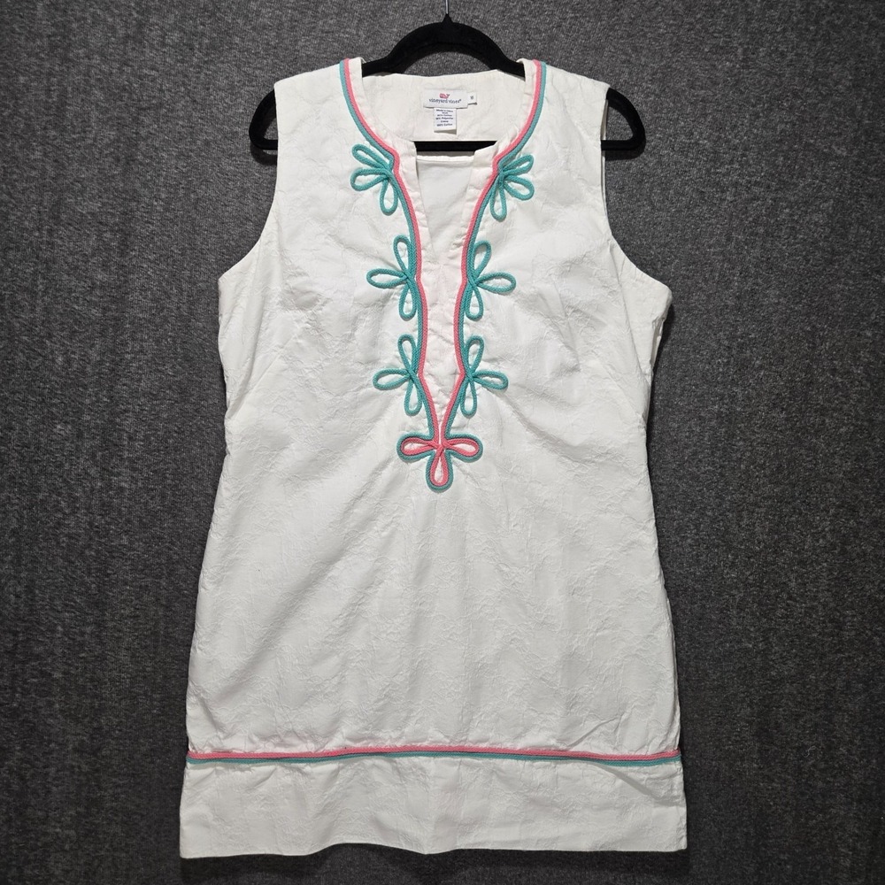 Vineyard Vines Tunic Dress 16 White Textured Pink Teal Embroidered V Neck Cotton